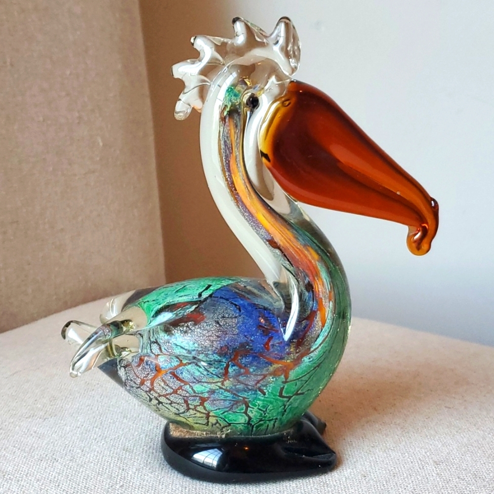 Vintage Murano Art Glass Pelican Figurine Blues and Copper Paperweight